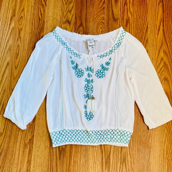 💜American Rag- White Teal Embroidered BOHO Top XL - Picture 12 of 12